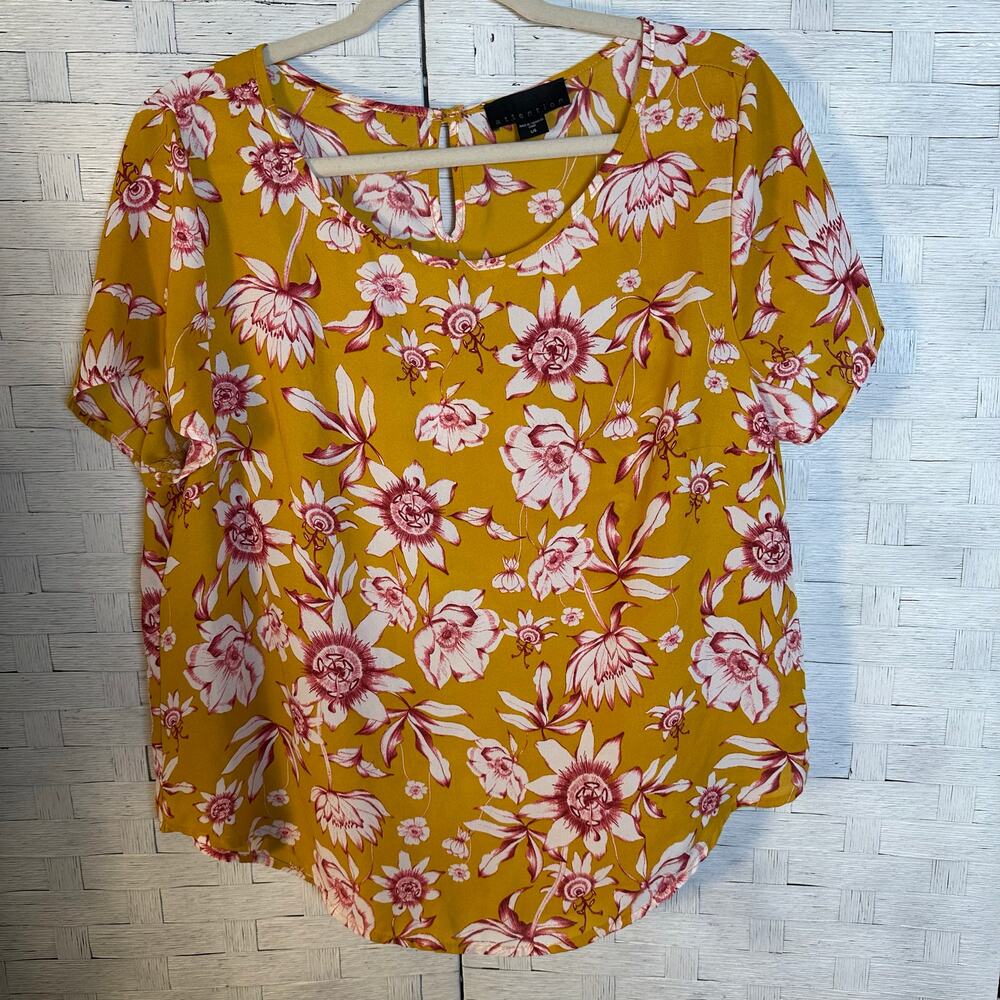 Attention women's blouse lightweight floral feminine mustard yellow white red